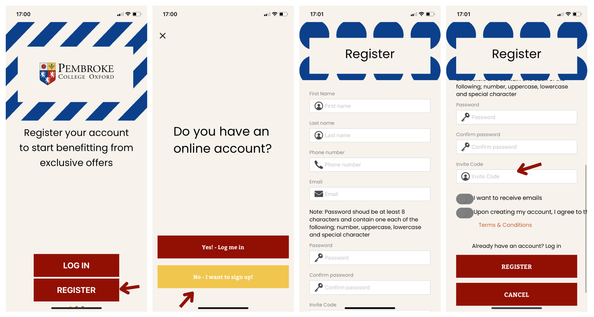 Screenshots of app registration process